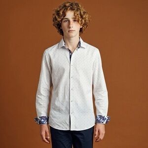 Elie Balleh Boy's Slim Fit Jacquard Dot Button-Down Shirt with paisley trim
